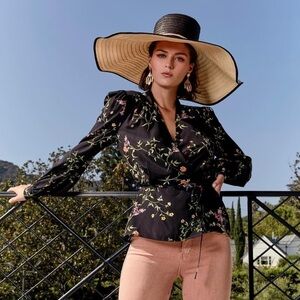 NWT L’AGENCE Silk Floral Print Shawl Collar Long Sleeve Tie Waist Wrap Blouse S